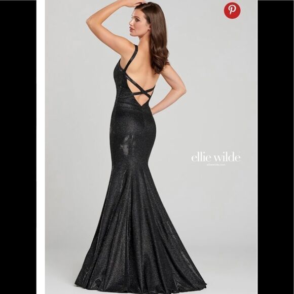 NEW Ellie Wilde Mon Cheri black glitter fit & flare maxi gown dress EW120127 12 - Picture 1 of 9
